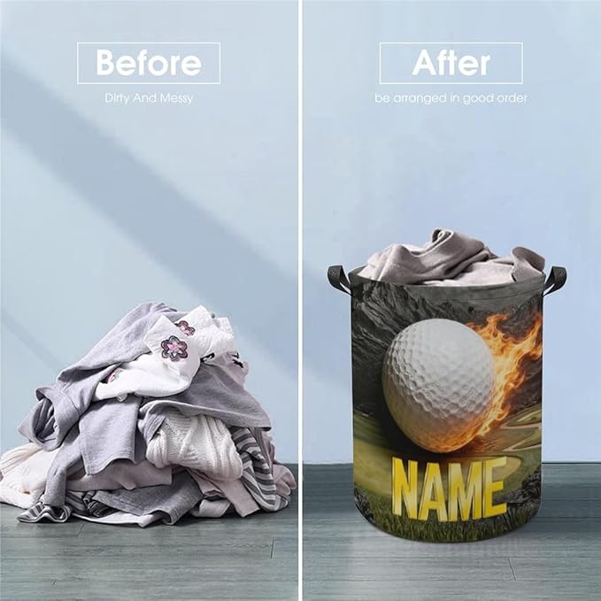 Personalized Golf Ball Laundry Hamper Custom Name Funny Dirty Clothes Laundry Basket Portable Storage Basket For Home Bathroom Family Golf Lovers Xmas Birthday (style 12)