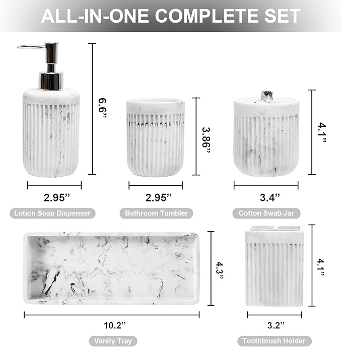 XLHOMO Resin White Marble Bathroom Accessories Set 5 Pcs, Lotion Soap Dispenser, Toothbrush Holder, Bathroom Tumbler, Qtip Holder and Vanity Tray, Bathroom Countertop Organizer Set for Home Apartment