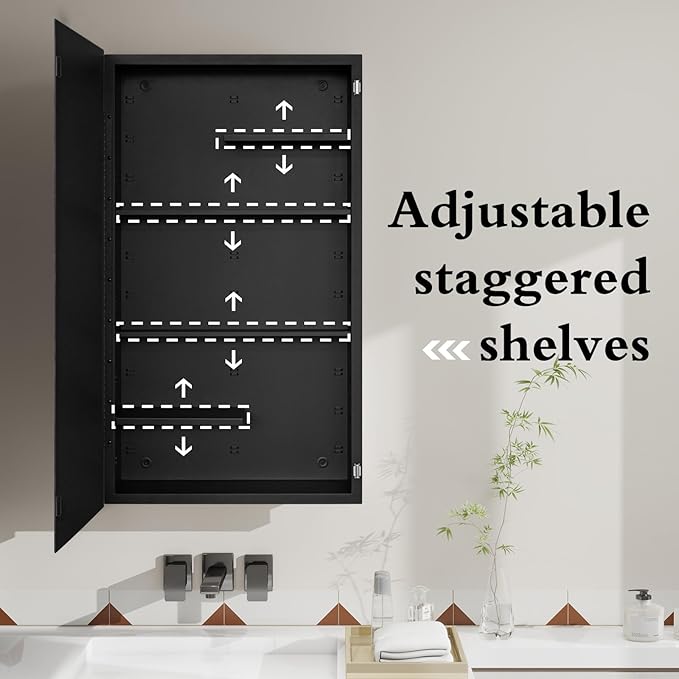 Fundin Black Medicine Cabinet Recessed or Surface Mount, Bathroom Medicine Cabinet with 20 x 36 Mirror Size and Adjustable Staggered Shelves