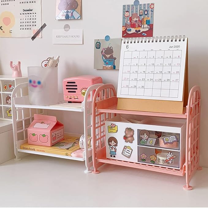 Desktop Rack Cosmetic Stationery Storage Holder, 2-Tier Multifunctional Plastic Shelf Makeup Organizer for Skincare Office Kitchen Bedroom Bathroom Home (Light Green)