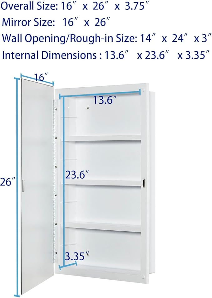 IDYLLOR Plastic Medicine Mirror Cabinet for Bathroom 16 x 26 inch, Surface and Recessed Mount