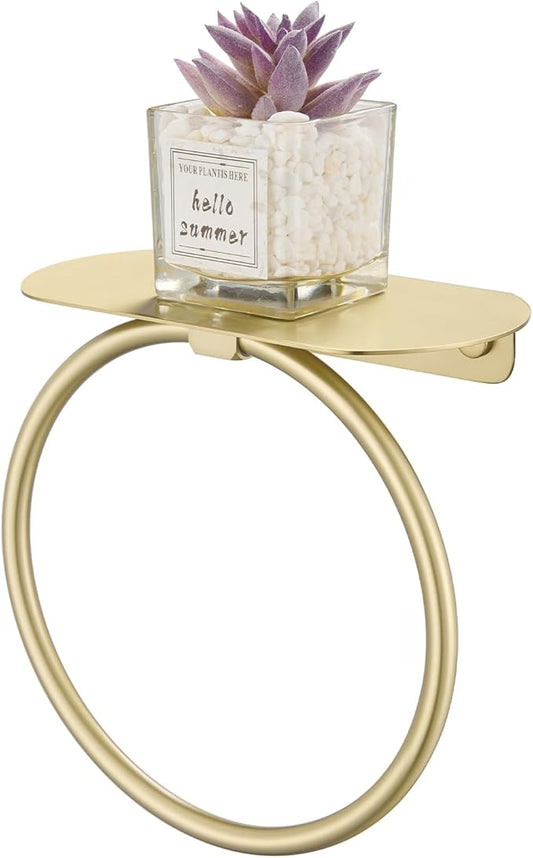 APLusee Brushed Gold Towel Ring with Shelf, 304 Stainless Steel Wall Mounted Hand Towel Holder for Bathroom, Space-Saving Design