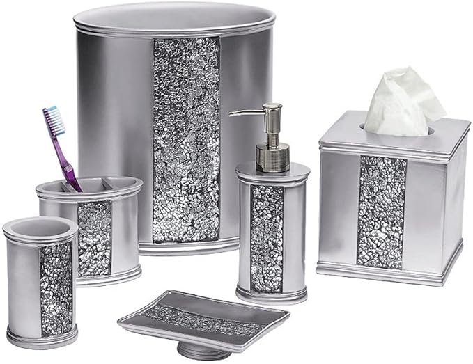 Zahari Home 4pc Sinatra Stylish Bathroom Accessories Set Liquid Soap Dispenser, Tumbler, Tooth Brush Holder and Soap Dish Modern Classic Luxury Decor Bling Mosaic Glass Silver Bathroom Accessories