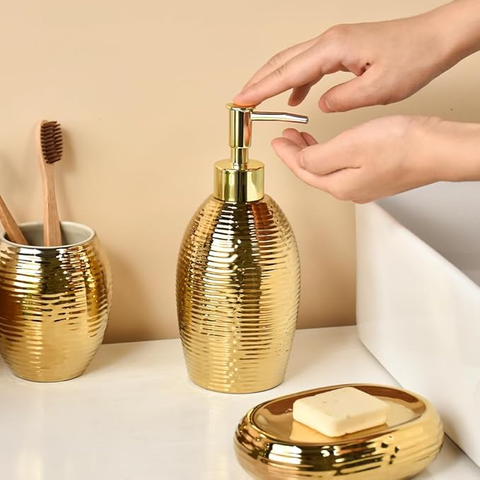 Gold Bathroom Accessory Set - 3 Piece Striped Style Decorative Ceramic Bathroom Accessories Sets with Lotion Soap Dispenser, Toothbrush Holder/Tumbler and Soap Dish, Golden Gift Set for New Home Decor