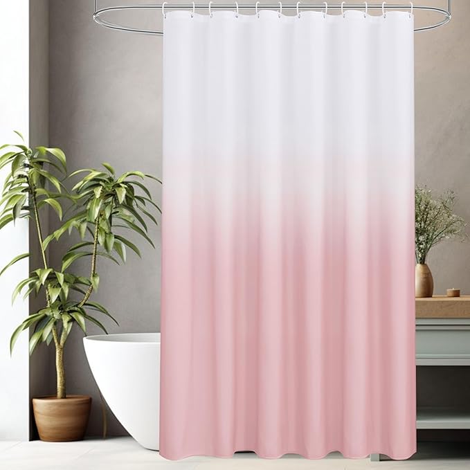 AooHome Fabric Shower Curtains, Cloth Ombre Pink Shower Curtain Sets, Washable Fabric Pink and White Shower Curtain, Rustic Farmhouse Bathroom Shower Curtains, 72x78 Inches