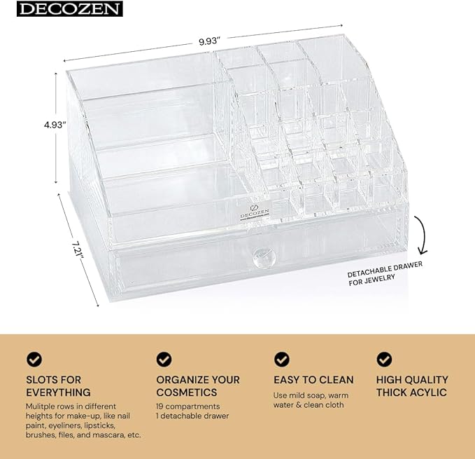 Decozen Makeup Organizer - Vanity Storage with Multiple Compartments and Drawers for Brushes, Lipsticks, Jewelry, Perfect for makeup organizer countertop, makeup holders and organizers, Gift for Mom