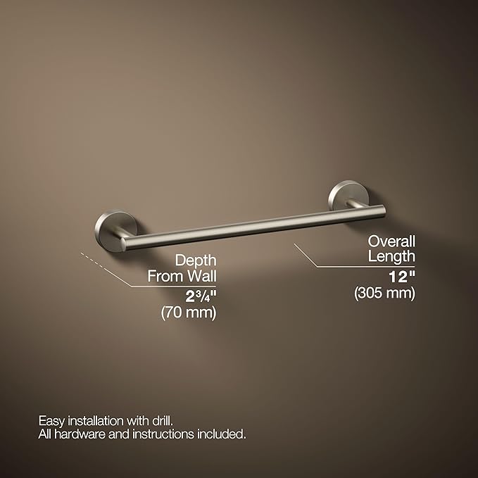 Kohler 27288-BN Elate® 12" Towel bar, Vibrant Brushed Nickel