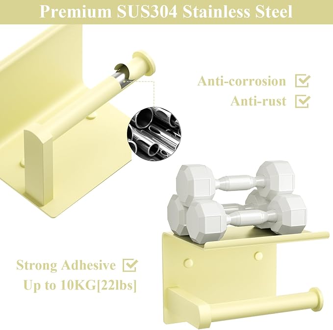Tindbea Toilet Paper Holder with Phone Shelf, Adhesive or Screw Wall Mount Toilet Tissue Roll Holder, Rustproof & Multifunctional Stainless Steel Bathroom Storage Dispenser (Sunlight Yellow)
