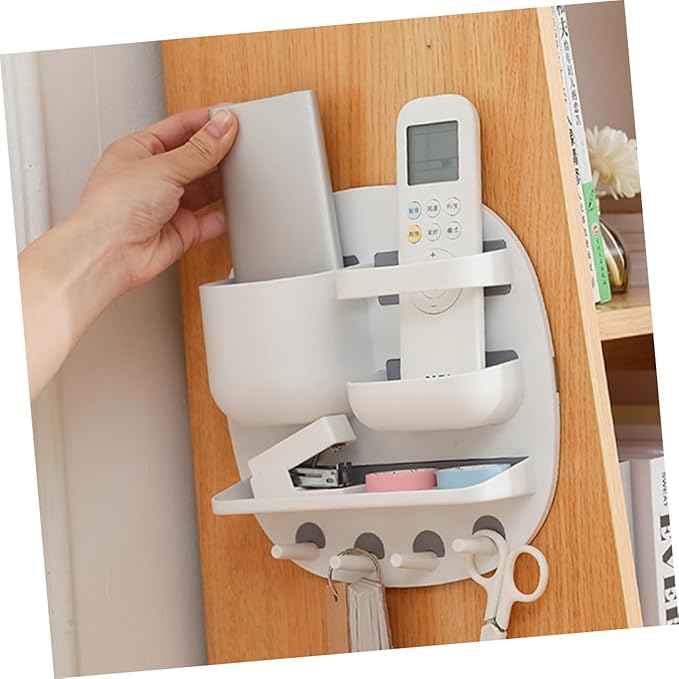 Alipis Remote Controller Stand Multi-Function Wall-Mounted Toiletries Shelf Three Compartments Storage Tray and Four Hooks for Bathroom Organization Easy Installation