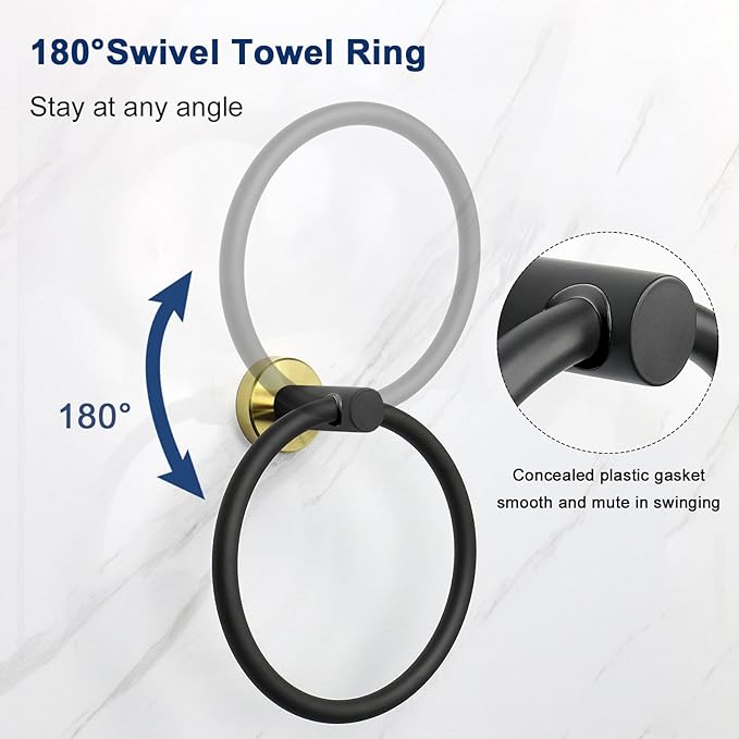 NearMoon Bath Towel Ring, Bathroom Hardware Accessories-Thicken Stainless Steel Hand Towel Holder for Bathroom, Modern Round Towel Hanger Wall Mounted (Black and Gold, 1 Pack)