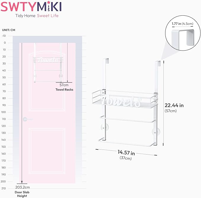 SWTYMIKI SWTYMIKI Over The Door Towel Racks for Bathroom - 5-Tier Wall Mounted Bathroom Towel Storage Organizer Holder with Metal Shelf (3 Tier-White)