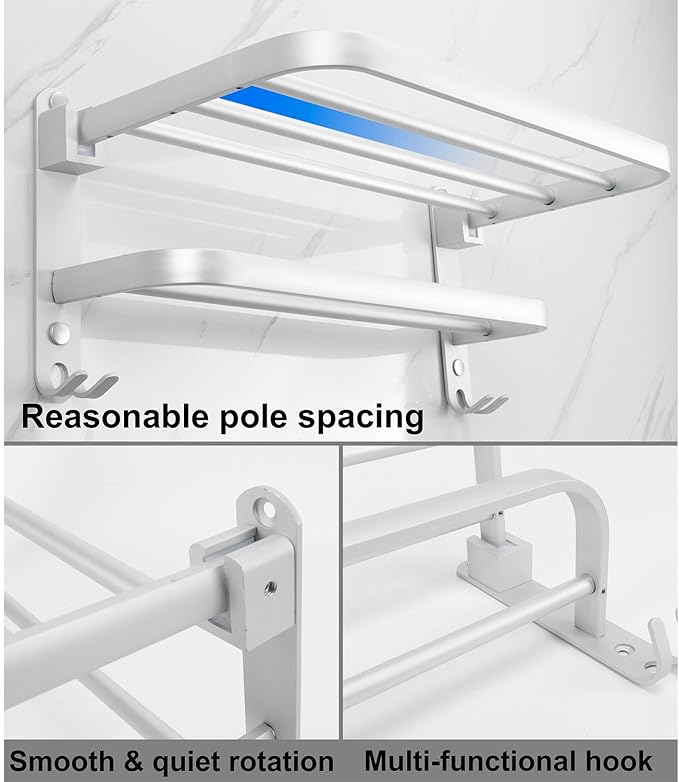 TocTen Towel Rack for Bathroom, Foldable Towel Holder with Double Towel Bars, Wall Mounted Premium Aluminum Bathroom Tower Shelf, Space-Saving Towel Hanger for Bathroom, Lavatory (Silver,16 in)