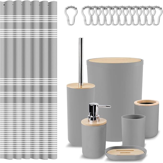 Britimes Bathroom Accessories Set, Grey Shower Curtain Set with Trash Can, Soap Dispenser, Toilet Brush Holder, Toothbrush Holder and Toothbrush Cup for Bathroom Decor