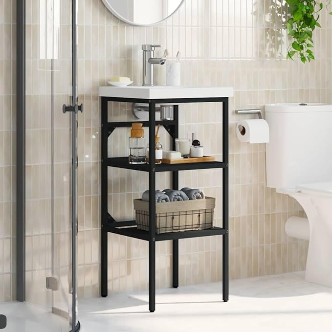 Modern Black Iron Bathroom Washbasin Frame with Ample Storage Shelves, Sleek Matte Finish for Vanity Areas, Durable Metal Construction and Easy Assembly for Bathroom Decor