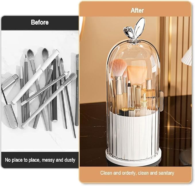 Makeup Brush Holder Organizer with 360?? Rotating Lid,Concealed Toothbrush Holder,3 Slots Bathroom Organizer Countertop for Vanity Desktop, Clear Cover Easy Visibility