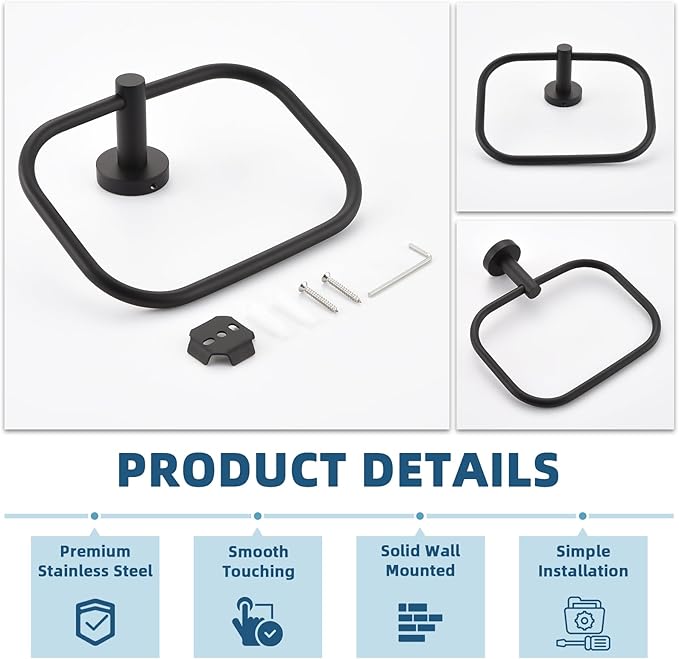 APLusee Matte Black Hand Towel Ring, Stainless Steel Towel Storage Holder, Wall Mount
