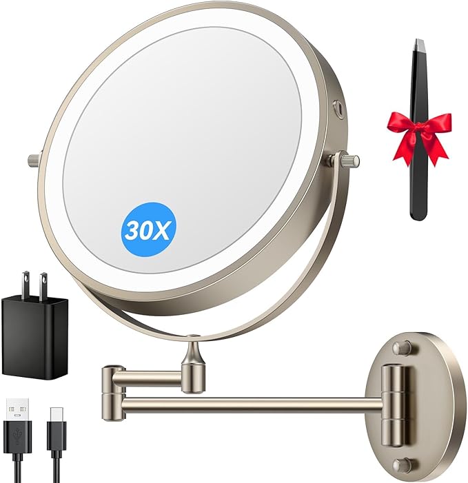 9'' 30X/1X Wall Mounted Lighted Makeup Mirror, 5000mAh Rechargeable Double-Sided Magnifying Mirror with Light, Vanity Bathroom Mirror Touch Dimmable 3 Colors 360° Rotation Extended Arm, Power Adapter