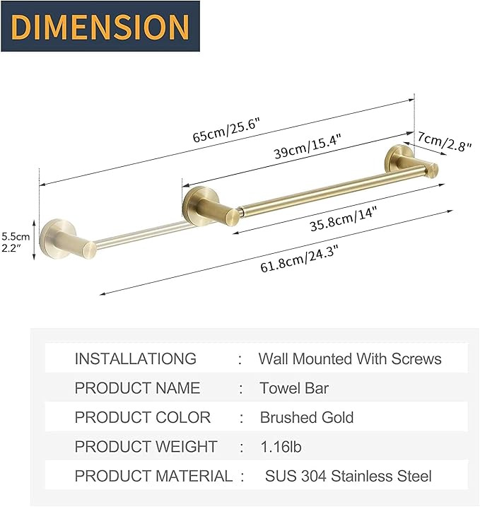 BESy Adjustable 15 to 26 Inch Single Bath Towel Bar for Bathroom SUS304 Stainless Steel Towel Holder, Wall Mount with Screws Hand Towel Bar Rod Hotel Style, Brushed Gold