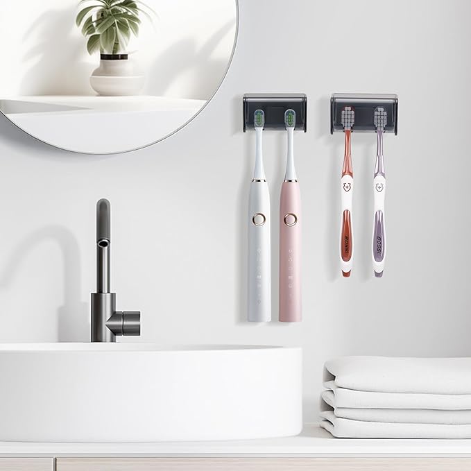 PARKMANI 2 PCS Toothbrush Holders Wall Mounted with Cover, Electric Tooth Brushing Holder for Bathroom, 2 Slots Self Adhesive Toothbrush Organizer for Family, Kids (2, Transparent Black)