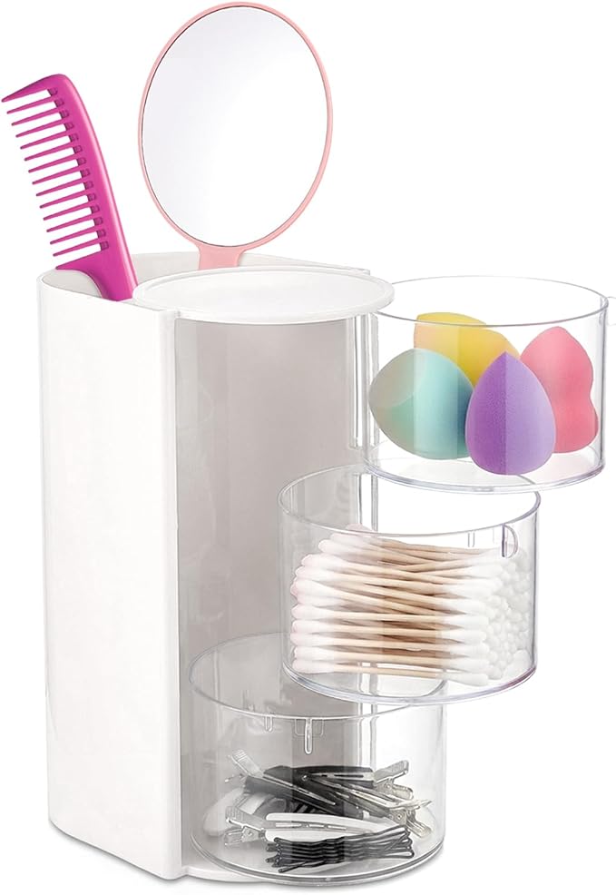 3-Layer Hair Accessories Organizer with Hair Brush Holder, Desktop Organizer Case forDaily Accessories, Rotatable Small Jewelry Box for Clip Earring Necklaces Bracelets Rings(White)