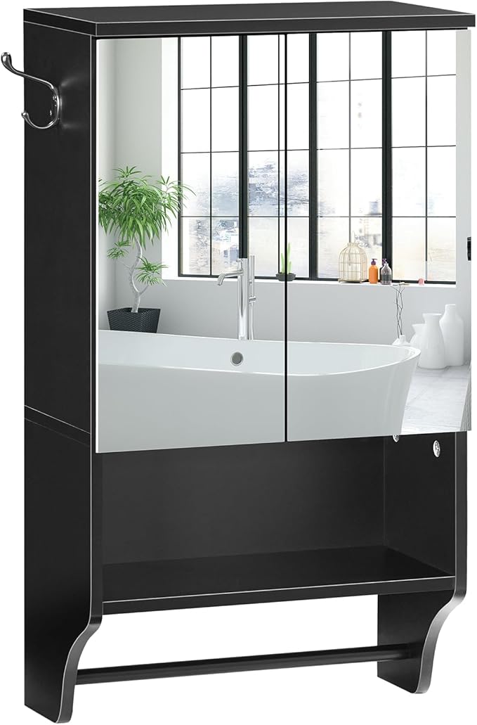 MAHANCRIS Bathroom Wall Cabinet with Mirror, Medicine Cabinet with 2 Door and Adjustable Shelf, Wall Mounted Over The Toilet Storage Cabinet with Towel Bar for Bathroom Laundry Room Kitchen, Black