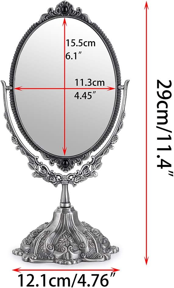 JUXYES Metal Tabletop Antique Decorative Makeup Mirror with Stand, Vintage Swivel Double Sided Cosmetic Mirror with Frame, Retro Desktop Oval Dressing Mirror for Bathroom Bedroom