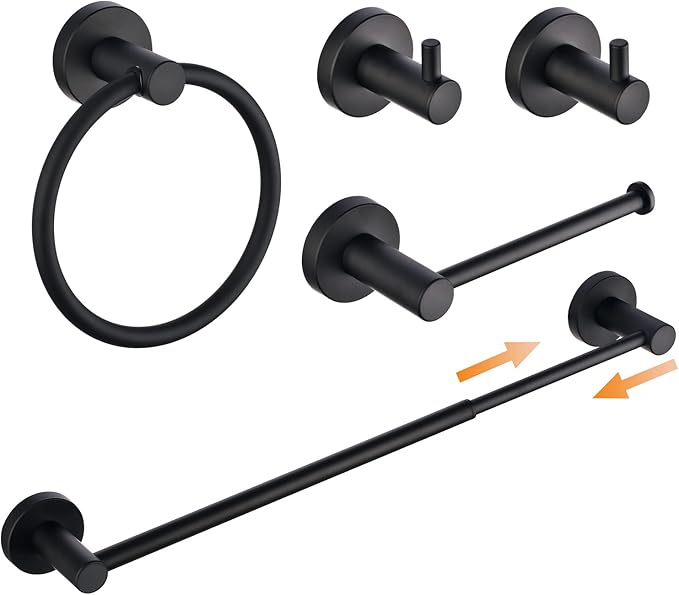 SHUNLI 5-Piece Bathroom Hardware Accessories Set Matte Black (Towel Bar Adjustable 16” to 26”, Toilet Paper Holder, Towel Ring, 2 PCS Towel Hook) Wall Mounted, SUS304 Stainless Steel