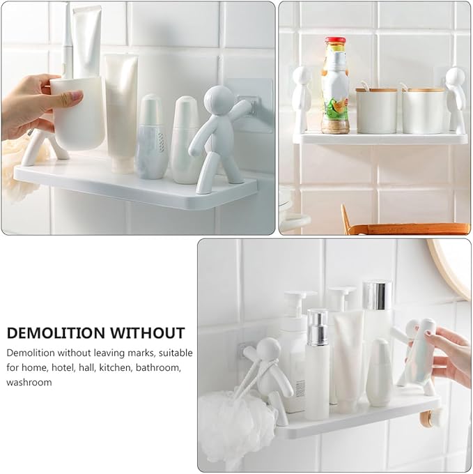 2pcs Wall-Mounted Humanoid Guardrail Storage Shelf Multi-Functional Kitchen and Bathroom Organizer Rack Floating Vanity Shelf for Toiletries and Seasoning Bottles White Gray