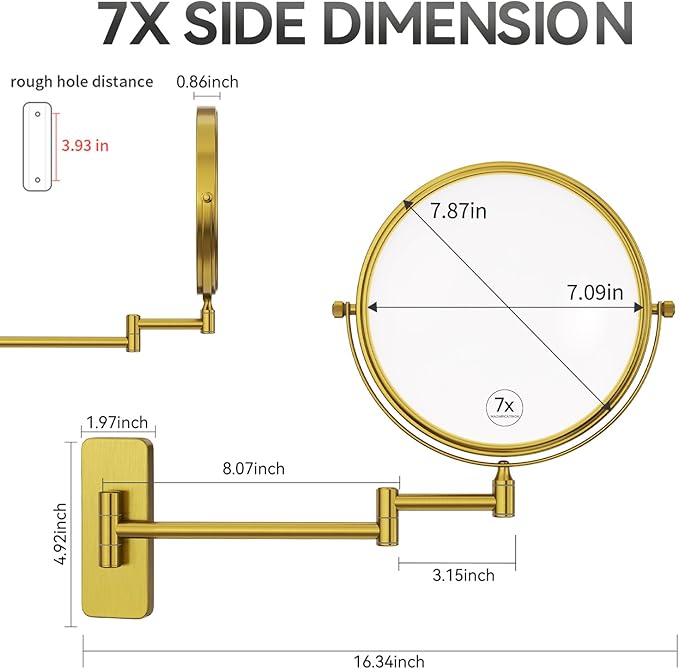 Nicesail Brass Make up Mirror Wall Mounted,1X and 7X Double-Sided Magnifying Mirror Brass Vanity Mirror for Bathroom Wall Extendable Swivel, Antique Brass Finish (8 Inch, 7X)