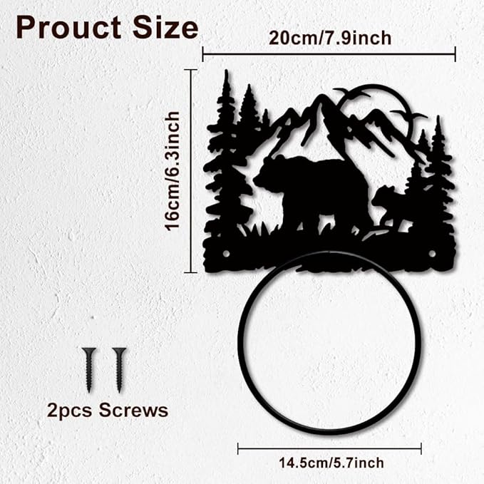 MAYJOYDIY Bear Forest Metal Towel Ring Animal Mountain Towel Holder Sun Bird Metal Bath Towel Ring Wall Mounted Black Art Towel Rack for Bathroom Accessories Wall Mounted Decoration