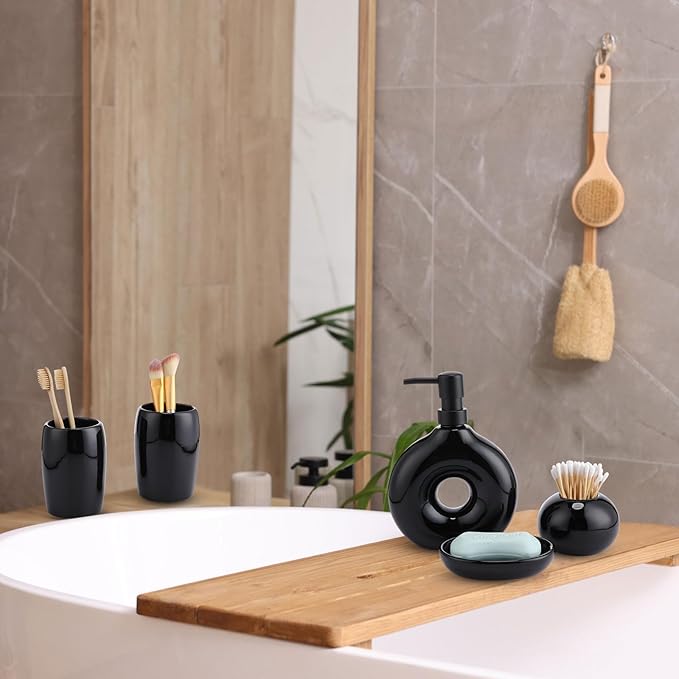 FoldTier 5 Pcs Ceramic Bathroom Accessories Set Includes Soap Dispenser Toothbrush Cup Holder Soapbox Holder Stylish Modern Bathroom Matte Glaze Decor(Black)
