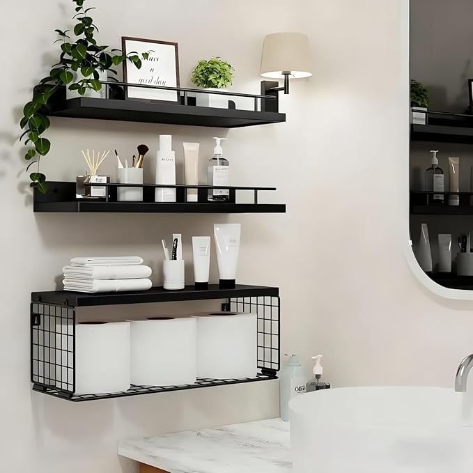 Bathroom Shelves Over Toilet, Set of 3 Wall Mounted Floating Shelves with Storage Basket Rustic Wood Shelf for Home Organization, Wall Decor for Bathroom, Kitchen, Living Room. (Black)