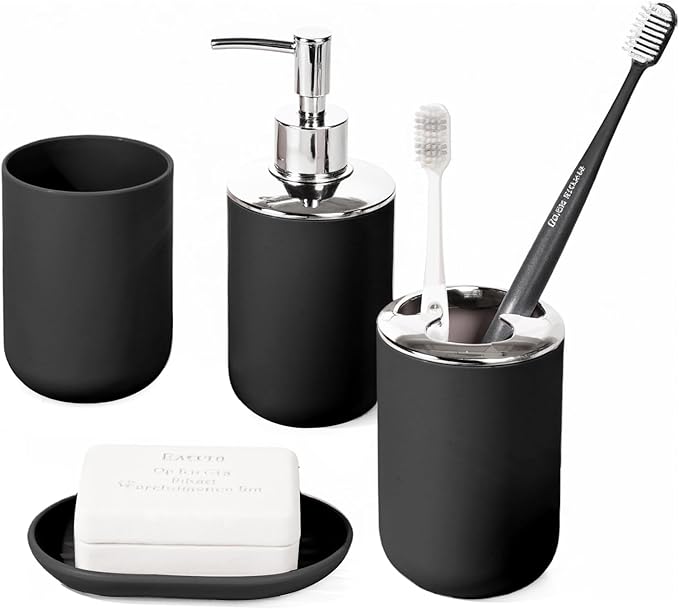Bathroom Accessory Set, 4 Pcs Plastic Bathroom Set Include Soap Dispenser, Soap Dish, Toothbrush Holder, Mousewash Cup, Modern Bahtroom D??cor Set, Space Save for Bathroom(Black)