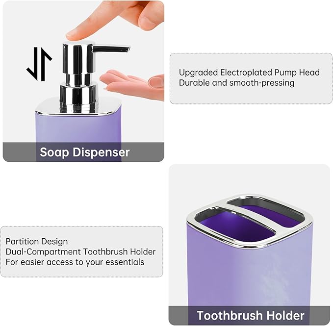 Purple Bathroom Accessories 2 Pieces, Soap Dispenser and Toothbrush Holder Set for Boho Bathroom