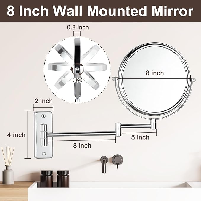 DECLUTTR 8 Inch Wall Mounted Magnifying Mirror with 10x Magnification, Double Sided Vanity Makeup Mirror for Bathroom, Chrome Finished