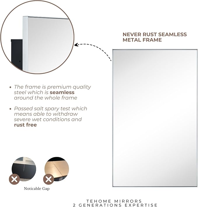 TEHOME Recessed Mount 16x26'' Squared Rectangle Silver Bathroom Medicine Cabinet with Mirror Silver Metal Framed Rectanglular Medicine Cabinet 2 Adjustable Glass Shelves