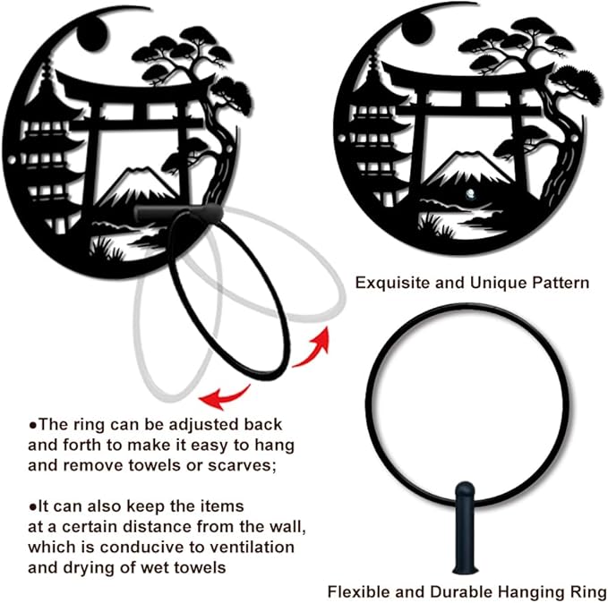 MAYJOYDIY Japanese Metal Towel Ring Round Fujisan Scenery Hand Towel Holder Torii Gate Ring Hanger Wall Mount Black Vintage Towels Wall Organizer for Kitchen Bath Home Laundry Room Decors Gifts