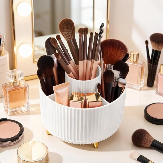Makeup Brush Holder,360° Rotating Makeup Brush Organizer,5 Slot Make up Brushes Cup for Cosmetics,Large Capacity,For Nail Polish, Art Supply, Bathroom Vanity,Cosmetics Organizer,White