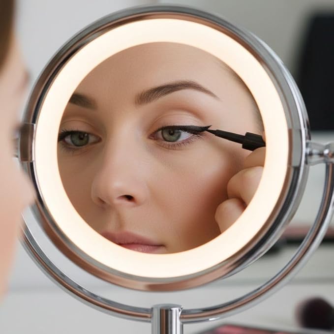 JERDON LED Lighted Makeup Mirror - 5X Magnifying Tabletop Vanity Mirror for Makeup, Skincare, & Grooming - 8.5" Chrome Finish, 360° Swivel, Built-in Outlet - Model HL745CO