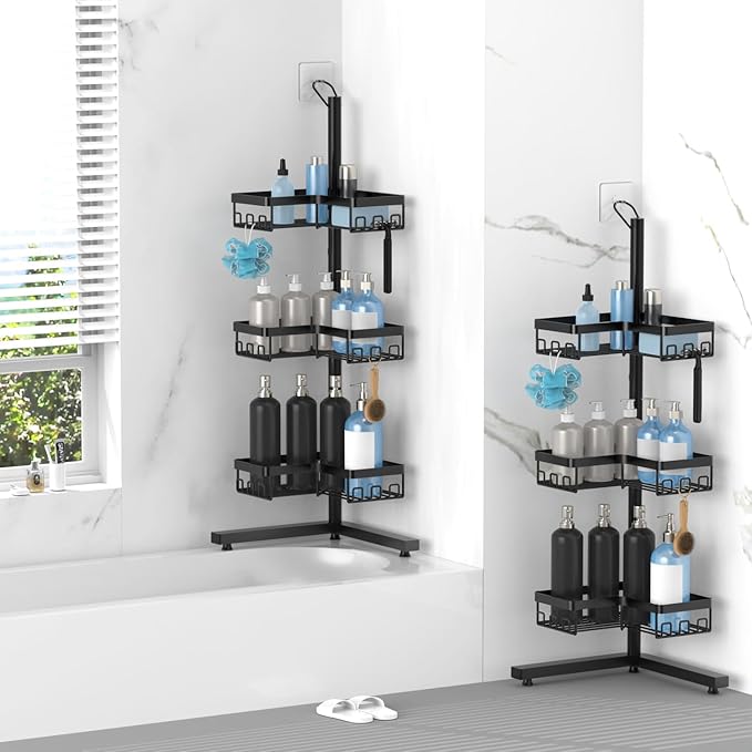 KEGII Standing Shower Caddy Corner, 3 Tier Adjustable Shelves Rustproof Floor Shower Organizer with 18 Hooks and Adjustable Feet, Bathroom Corner Shelf Rack, Black