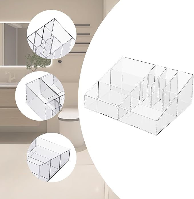 Clear Plastic Countertop Vanity Makeup Organizer, Compact Rectangular 9-Compartment Holder for Brushes, Eyeshadow Palettes, & Beauty Supplies