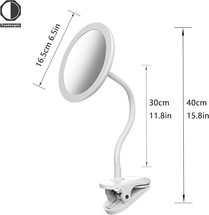 6.5" Clip-On Magnifying Vanity Mirror - 5X Magnification, USB Rechargeable, Lighted, Travel-Friendly (White)