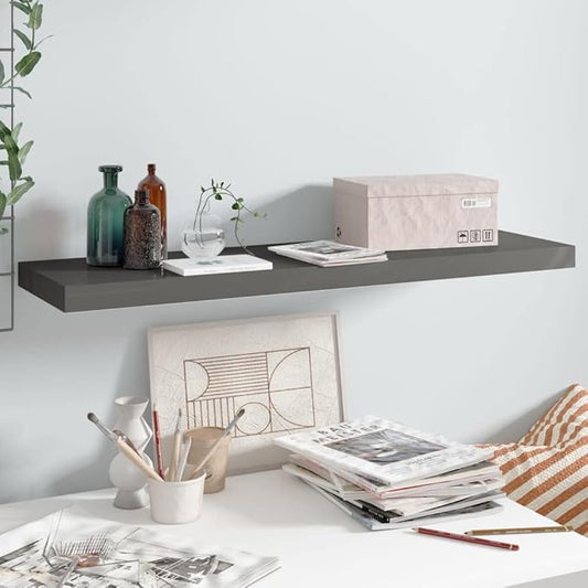 Floating Wall Shelf High Gloss Gray 35.4x9.3x1.5 Inches Modern Display Rack for Living Room Bedroom Office Decor with Invisible Mounting System