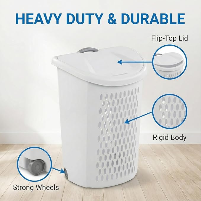 Laundry Hamper with Wheels and Lid, 2-Bushel Capacity, Plastic, White, Rolling Basket with Handle