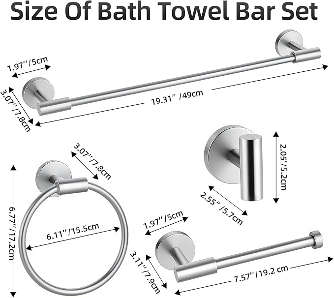 Bathroom Hardware Accessories Set 10 Pieces, Towel Bar Set Brushed Nickel, SUS304 Stainless Steel Bathroom Towel Racks Holder Set, 19In Towel Bar, Wall Toilet Paper Holder, Towel Hook, Towel Rings