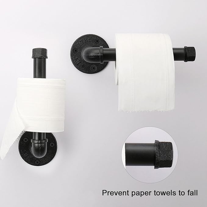 5-Pieces Industrial Pipe Bathroom Accessories Hardware Kit DIY Wall Mounted Includes Towel Bar Robe Hooks Toilet Paper Holder and Towel Ring (Black, 18 Inch)