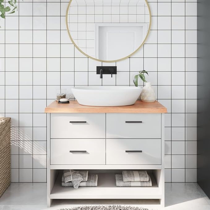 Light Brown Solid Oak Wood Bathroom Countertop 39.4"x15.7"x(0.8"-1.6") Treated Vanity Top with Live Edge for Shelf Desk Table Handmade Wooden Worktop