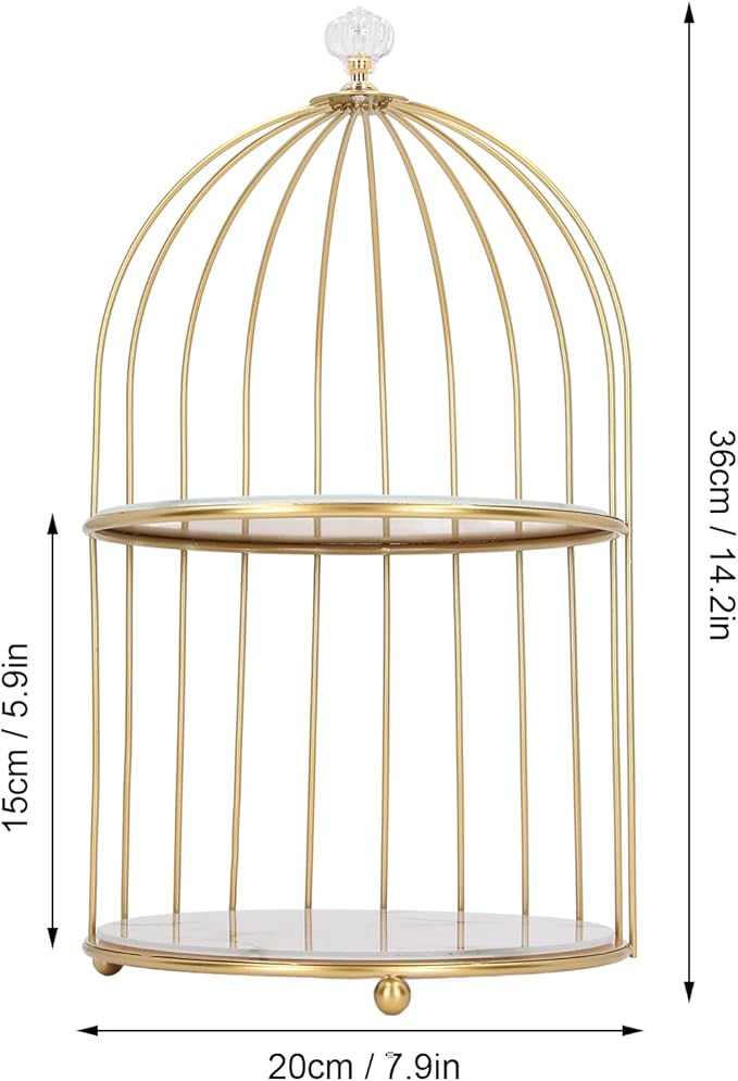 Double Layer Storage Shelf Bird Cage Organizer Display Rack for Bathroom Countertop Dressing Table Gold Frame (White Base Gold Pattern)