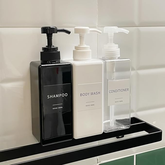 Shampoo and Conditioner Dispenser, Refillable Plastic Shampoo Pump Bottles with Waterproof Labels, Empty Body Wash Dispenser Set for Bathroom, Shower Soap Bottles (Black, Set of 3, 16.9oz)