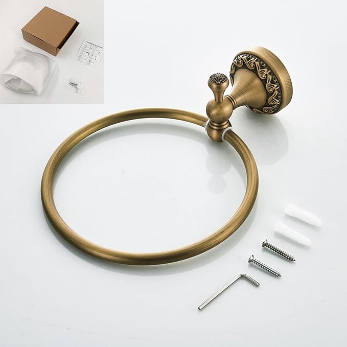 Flybath Round Towel Ring Antique Brass Exquisite Pattern Carving Hanger Hand Towel Holder for Bathroom Kitchen Accessories Wall Mounted, Brushed Bronze